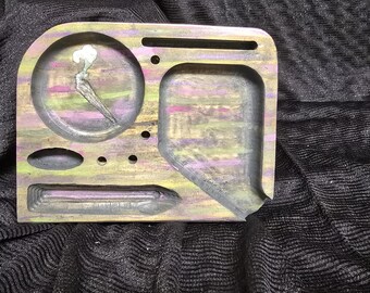 Solid wood herb rolling tray with resin inlay.