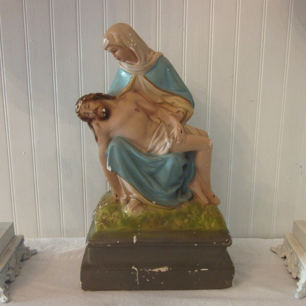 Vintage Pieta Chalkware Statue (Michelangelo). Jesus and Blessed Mother Mary. Chippy, Distressed Catholic Mid century Plaster Religious Icon