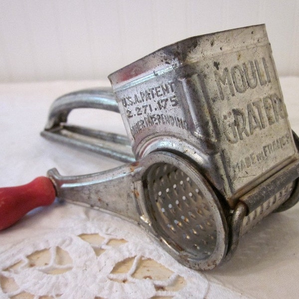 vintage French Mouli Grater Cheese Grater, Red Wood Handle, Made in France, chippy, rustic, distressed