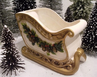 vintage Christmas Sleigh by Napcoware Japan, creamy white, gold, pine bough swag. Retro Mid Century Candy Dish, Centerpiece, Hostess Gift