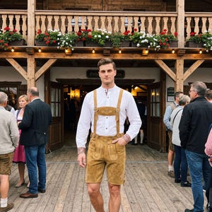Mens Lederhosen Suede Leather Shorts | Bavarian Trachten Outfit | German Oktoberfest Costume with Suspenders