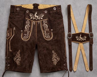 Suede Lederhosen for Men, Dark Brown Oktoberfest Shorts with Suspenders, Authentic Bavarian Leather Shorts