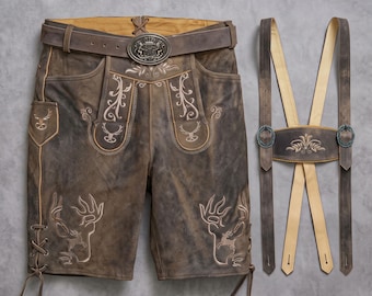 Mens Lederhosen, Oktoberfest Outfit Leather Lederhosen with Suspenders German Costume with Belt