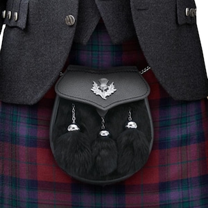 Leather Sporran: Celtic Thistle, Rabbit Fur, Kilt Accessory