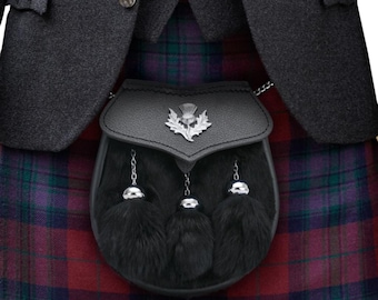 Celtic Thistle Leather Sporran with Black Rabbit Fur | Highland Kilt Accessory