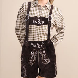 Women's Oktoberfest Lederhosen Costume Suede Leather Shorts with Suspenders Adjustable Fit Traditional German Bavarian Dirndl Alternative