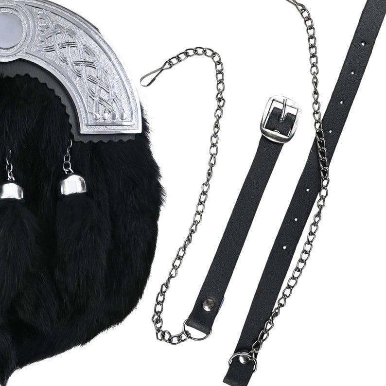 Black rabbit fur sporran with chrome Celtic detail displayed with chain belt and leather strap.