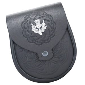 Celtic Embossed Leather Sporran: Scottish Kilt Accessory with Thistle Pin