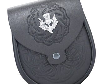 Celtic Embossed Leather Sporran with Thistle Pin | Scottish Kilt Accessory