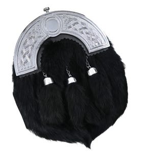 Black rabbit fur Scottish sporran featuring chrome Celtic cantle and three leather tassels.