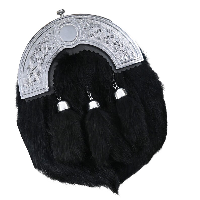 Black rabbit fur Scottish sporran featuring chrome Celtic cantle and three leather tassels.