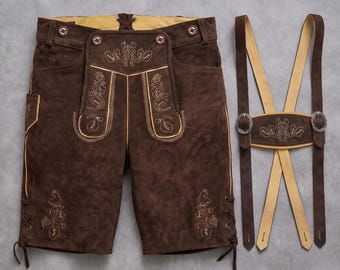 Bavarian Lederhosen for Men, Trachten Lederhosen with Silver Embroidery, Oktoberfest Costume, German Leather Shorts with Suspenders