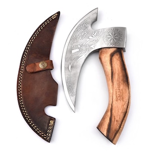 Hacha vikinga forjada a mano para cortar pizza / Hoja de acero al carbono y funda de cuero