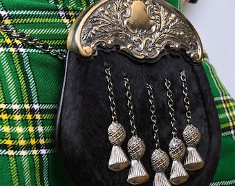 Thistle Sporran | Black Rabbit Fur Highland Sporran | Traditional Scottish Kilt Accessory