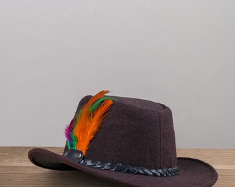 Classic Fedora Hat Vintage Tan Wool Leather Trim & Feather  display picture 3