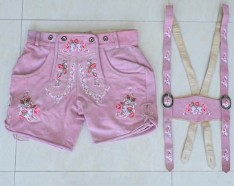 Pantalones cortos de cuero de ante rosa para mujer, disfraz de Oktoberfest con tirantes.