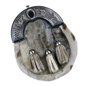 Rabbit fur sporran in Grey color with chrome Celtic cantle and leather tassels.