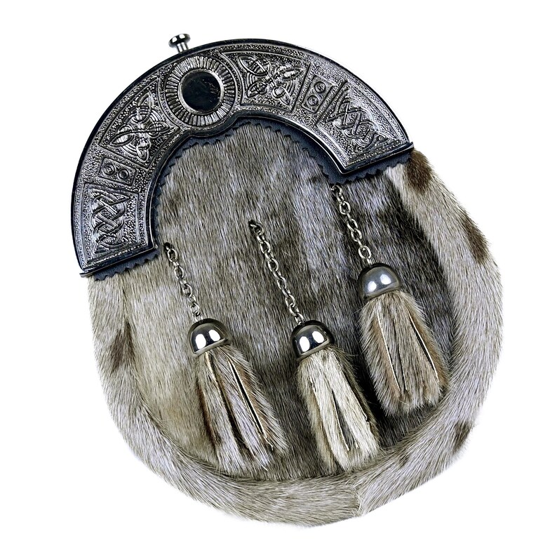 Rabbit fur sporran in Grey color with chrome Celtic cantle and leather tassels.