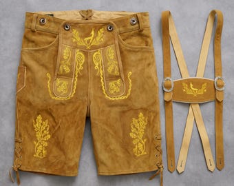 Mens Suede Lederhosen Golden Brown Leather Shorts Oktoberfest Outfit Bavarian Lederhosen with Suspenders