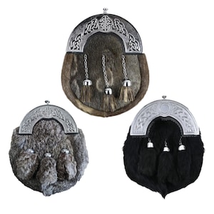 Rabbit fur Scottish sporran with chrome Celtic cantle shown in a full set.