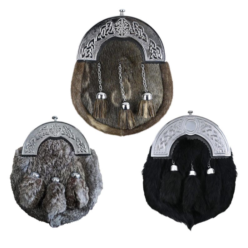 Rabbit fur Scottish sporran with chrome Celtic cantle shown in a full set.