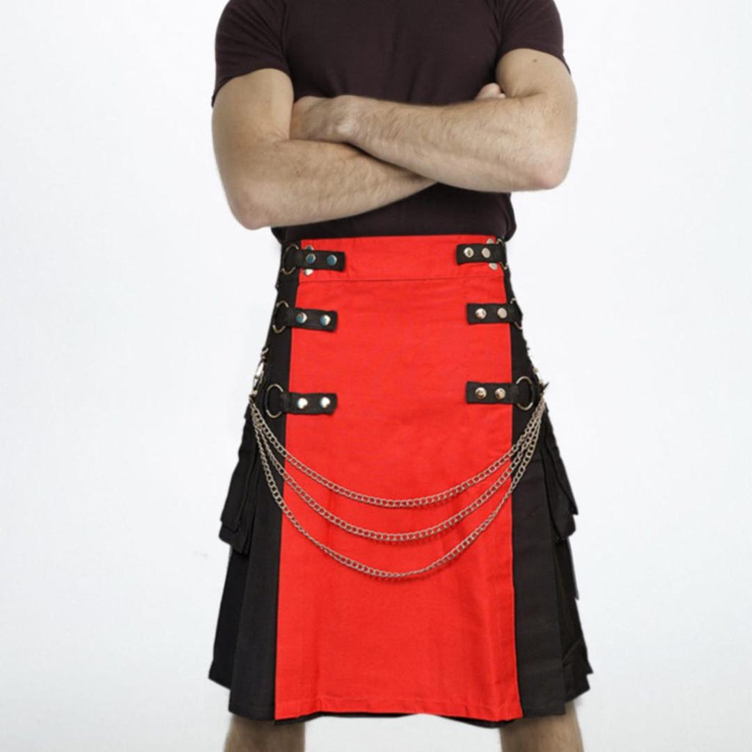 Utilty Goth Black Utility Gothic Kilt With Red Apron | Steampunk Festival Kilt ...
