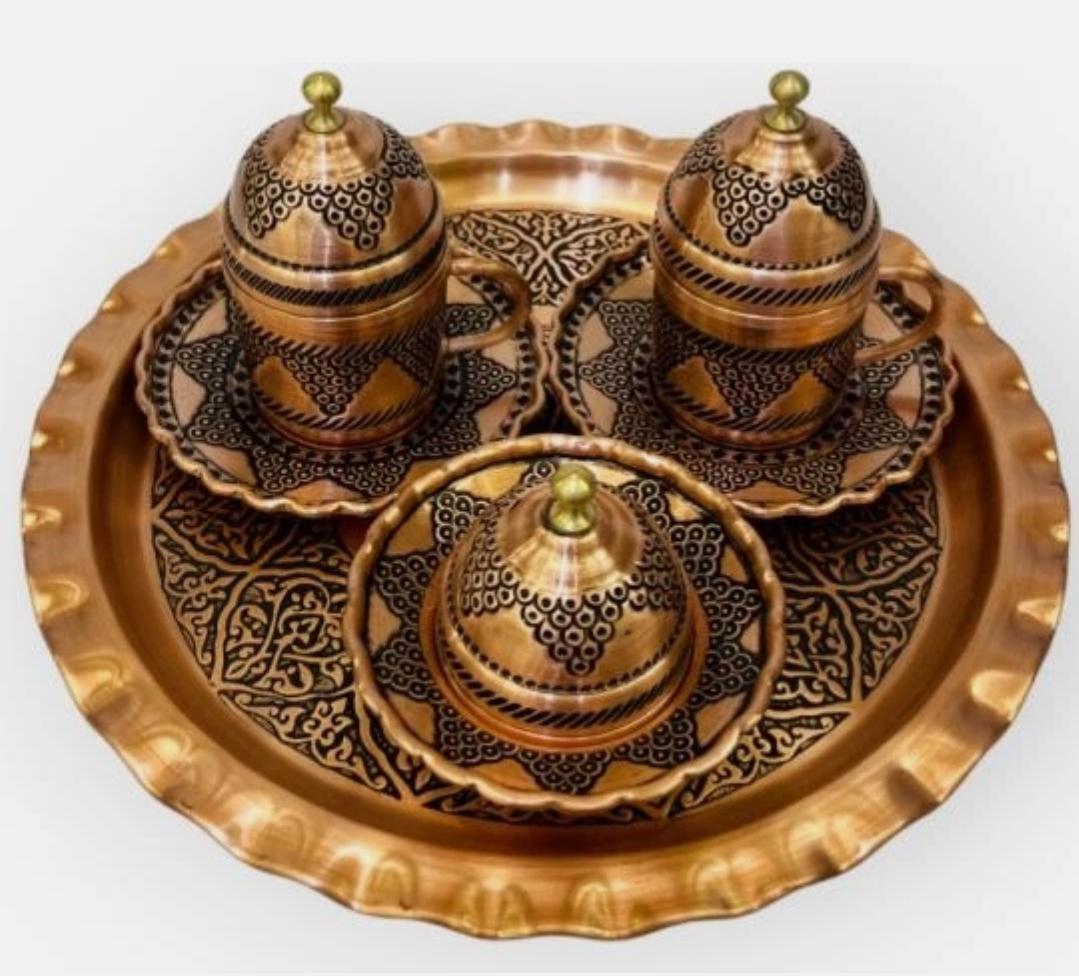 銅製 コーヒーセット 手作りの銅製コーヒーセット。トレイ、カップ2個、シュガーボウル付き