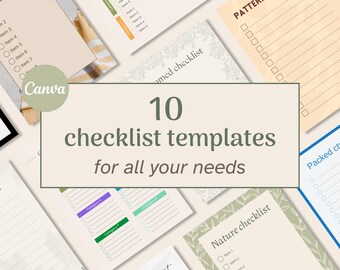 May include: A collage of 10 different checklist templates with various designs and layouts. The templates feature different categories, such as "Nature Checklist", "Packed Checklist", and "Named Checklist". The text "10 checklist templates for all your needs" is displayed in the center of the image.