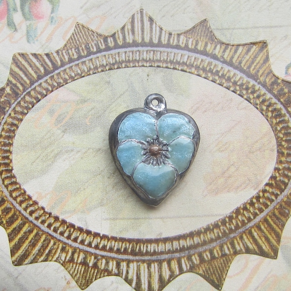 Vintage Sterling Silver Enameled Puffy Heart Charm - BABY BLUE Pansy