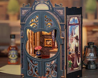 DIY Count Cat's Study Book Nook Kit: Miniature Bookshelf Insert with LED Lights