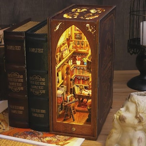 Library DIY Book Nook Kit: 3D Wooden Puzzle Bookend with Sensor Light