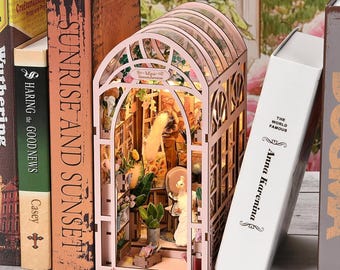 Greenhouse Garden DIY Book Nook Kit: Miniature Dollhouse Bookshelf Decor with LED