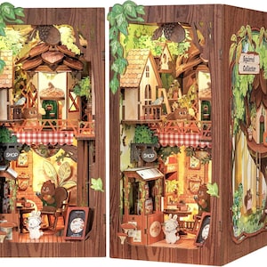 Kit de rincón de lectura de ardilla del bosque: casa de muñecas en miniatura DIY con luz LED para adolescentes y adultos, regalo de decoración de estantería con temática natural