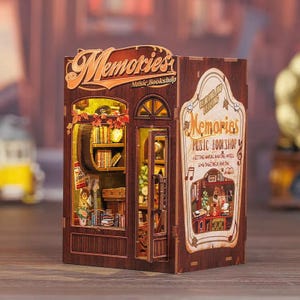 Kit de rincón de lectura "Music Memories Bookshop": estantería de madera en miniatura con temática musical para adolescentes y adultos