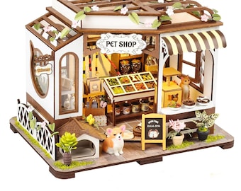 DIY Miniature Pet Shop Bokhörnskit: LED Träpussel Bokhylla Dekor