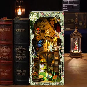 Kit de rincón de lectura de elfo del bosque encantado: escena en miniatura DIY con luz y funda protectora para adultos, adolescentes, amantes de la lectura y aficionados a las manualidades.
