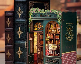 Handmade Owl Bookstore Wood Book Nook Kit - DIY Puzzle with LED Lights, Customizable, Easy Assembly - Perfect Gift & Bookend Decoration