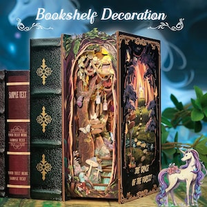 Kit de rincón de libros con unicornio del bosque: casa de muñecas en miniatura DIY con sujetalibros de rompecabezas 3D, decoración iluminada para estanterías, ideal para regalar.