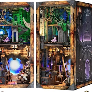 Kit de rincón de libros de Blade and Magic: diorama de biblioteca en miniatura de fantasía, rompecabezas de madera 3D e inserto de estantería con temática de magos y portales.