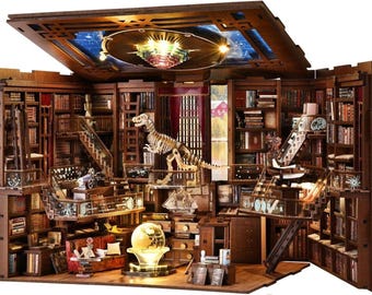May include: A detailed wooden miniature library with multiple bookshelves, a dinosaur skeleton, and a globe. The library has a detailed ceiling with a light fixture. The scene is filled with miniature books and decorative items.
