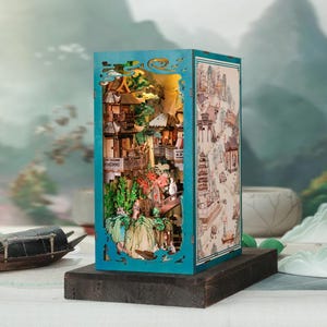 Kit coin livre oriental bricolage : maison de poupée Su Dongpo de style chinois avec lampe tactile, housse de protection et cadeau puzzle 3D pour les amateurs de lecture