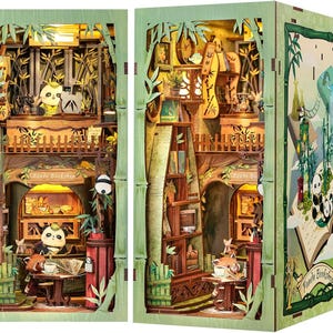 Panda Bamboo Forest Bookshop Nook – DIY Miniature House, 3D Wooden Puzzle, Lighted Bookend for Bookshelves, Perfect Gift for Teens & Adults