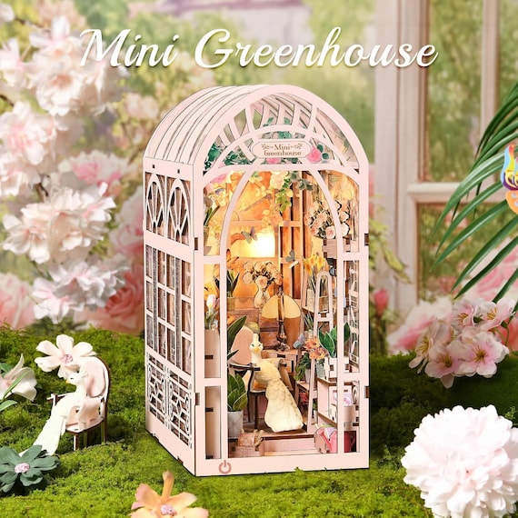 Greenhouse Garden DIY Book Nook Kit: Miniature Dollhouse Bookshelf