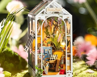 DIY Garden House Book Nook Kit: Miniature Bookshelf Insert with LED
