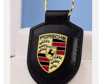 Porsche Crest Keyring Key Chain Leather Black Exquisite Set Gift Box