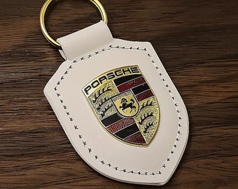 Porsche Crest Keyring Key Chain Leather Silver Exquisite Set Gift Box