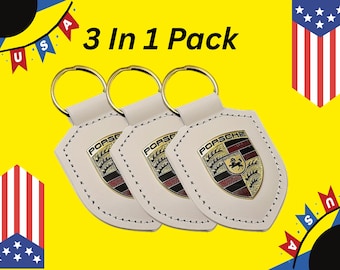 3 Porsche Crest Keyring Key Chain Leather Silver Exquisite Set Gift Box