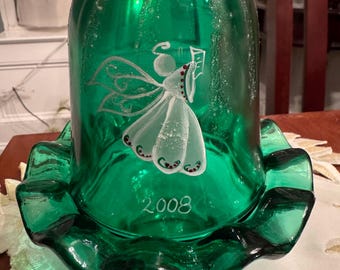 Fenton Art Glass Emerald Green "Fairy Light" lamp featuring a hand-painted white angel design and the year "2008".