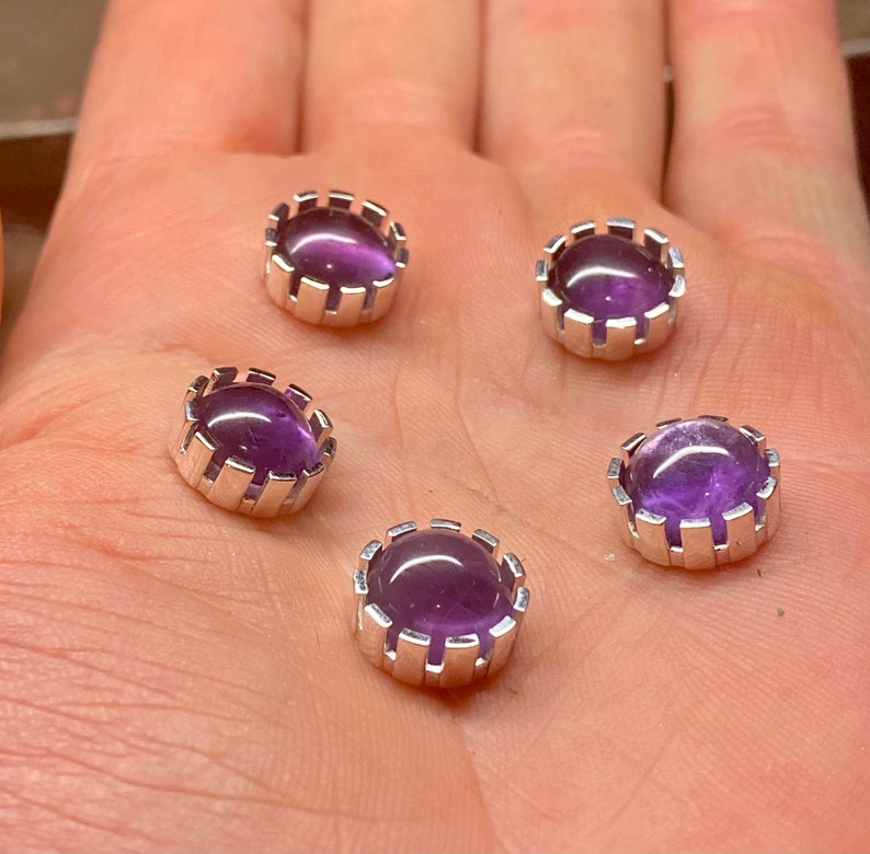 5pc 10mm round sterling CastellatedBezel with amethyst cabochons image 1