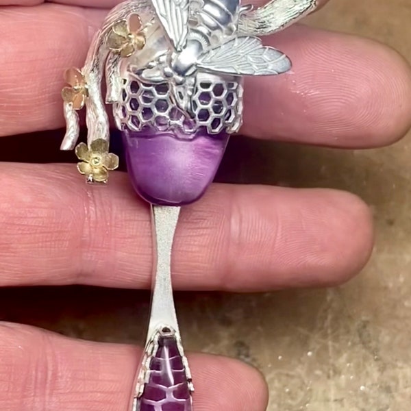 Honey Drip pendant. Sterling HoneycombBezel, Rose de France Amethyst, cast bee, fabricated branch and 14k gold flowers